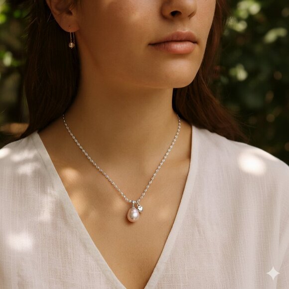Dangle Heart And Rice Shape Fresh Water Pearl Necklace - Picture 6 of 6